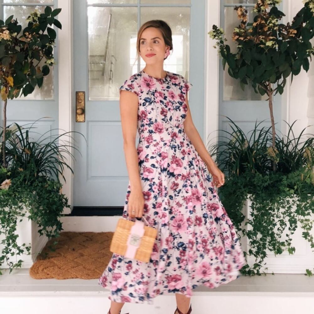 GAL MEETS GLAM Julia Midi Dress Pink Floral Size 2 Romantic Tea Flowy Elegant